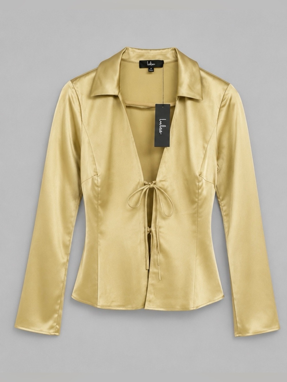 Lulus Coveted Aesthetic Gold Tie-Front Long Sleeve Collared Top Size Small NWT - Picture 2 of 8